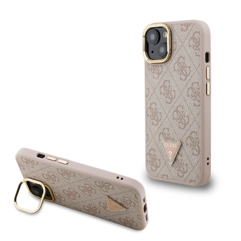 Guess PU 4G Strass háromszög logó állvány kamerakeret MagSafe hátlapi borító iPhone 13 rózsaszínhez