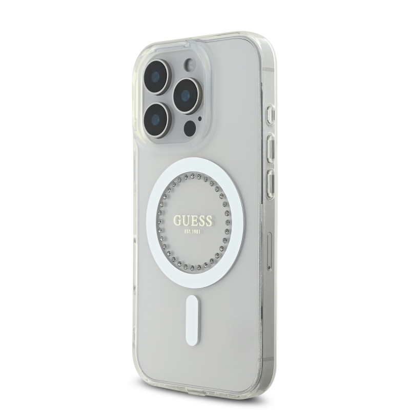 Guess IML strasszos gyűrűs MagSafe hátlap iPhone 16 Pro fehérhez
