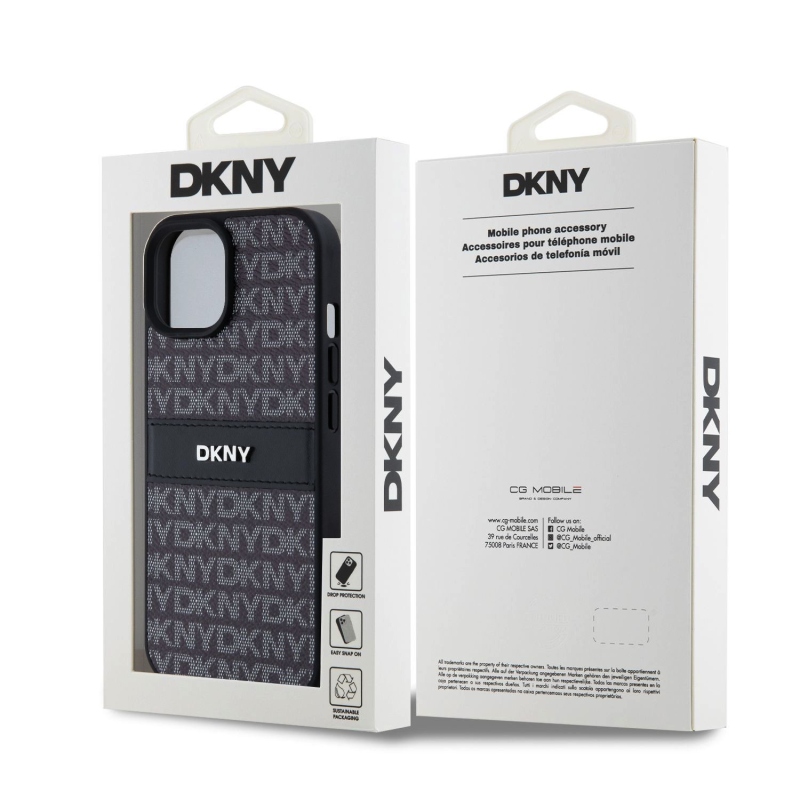 DKNY PU bőr ismétlődő mintás tonális csíkos hátlapi borító iPhone 15-hez Fekete