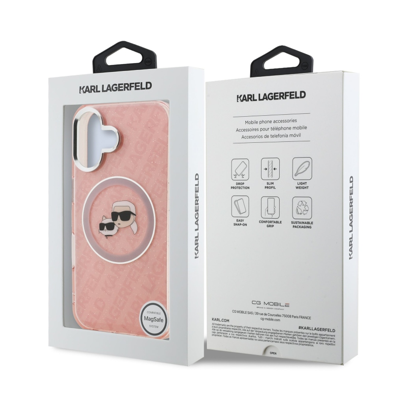 Karl Lagerfeld IML K&CH Heads Ismételt logó MagSafe hátlapi borító iPhone 16 rózsaszínhez