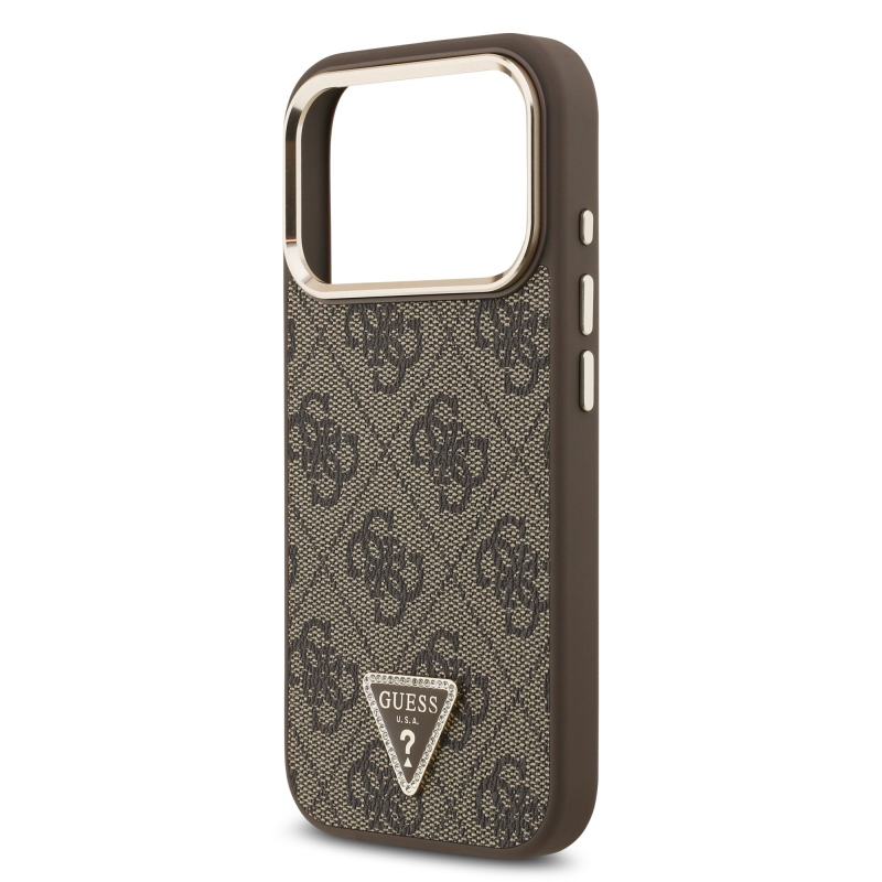 Guess PU bőr 4G Strass háromszög logó arany keret MagSafe hátlap iPhone 17 Pro barna 17 Pro barna