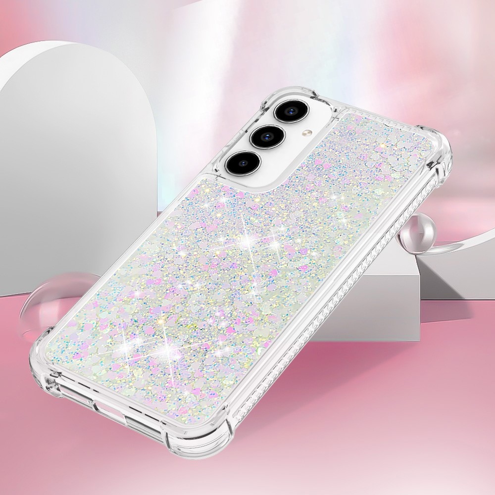 Glitter zselés homokóra tok Samsung Galaxy A55 5G - rózsaszín és ezüst/szívecske