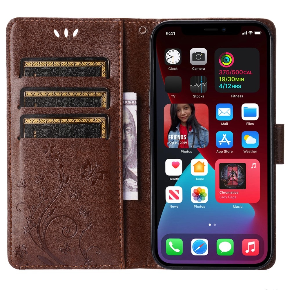 Virágok könyvtáska iPhone 15 Pro készülékhez - barna