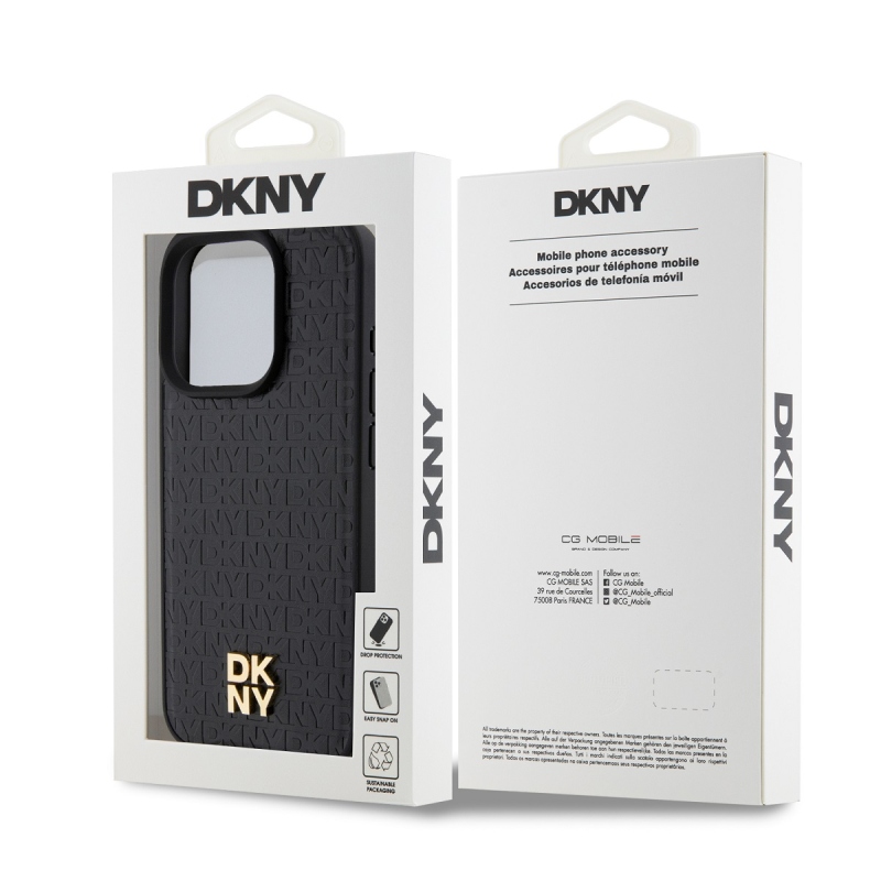 DKNY PU bőr Ismétlődő mintás Stack Logo Magsafe hátlap iPhone 14 Pro Fekete