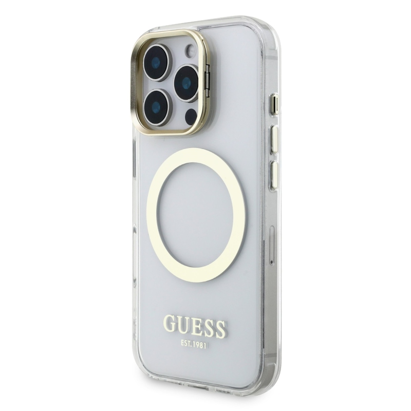 Guess IML Gold Outline Stand Kamera keret MagSafe hátlapi borító iPhone 16 Pro átlátszóhoz