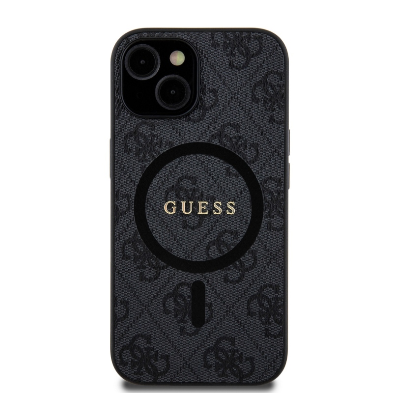 Guess PU bőr 4G színes gyűrűs MagSafe hátlap iPhone 15-hez Fekete