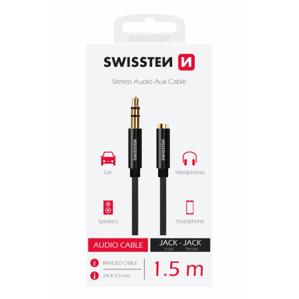 Audiokábel Swissten textil JACK (férfi) / JACK (női) 1,5m - fekete