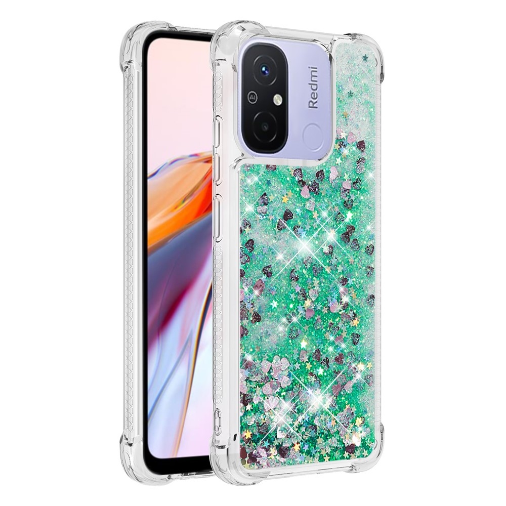 Glitter homokóra zselés tok Xiaomi Redmi 12C-hez - zöld/szívek
