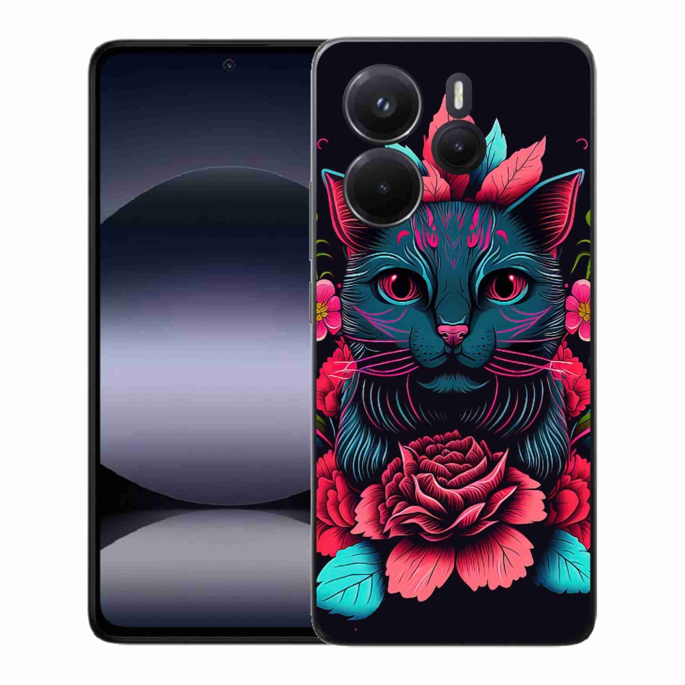 Gél borítás mmCase a Xiaomi Redmi Note 14-hez - virágok és macska