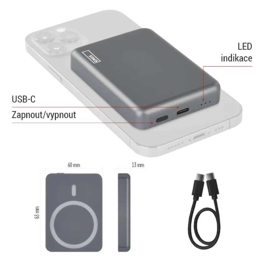 Powerbank EMOS WI 522, 5000 mAh, 20 W+vezeték nélküli - szürke