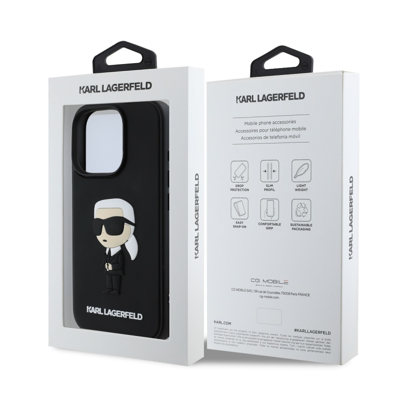 Karl Lagerfeld 3D gumi Ikonik hátlap iPhone 16 Pro Max készülékhez Fekete