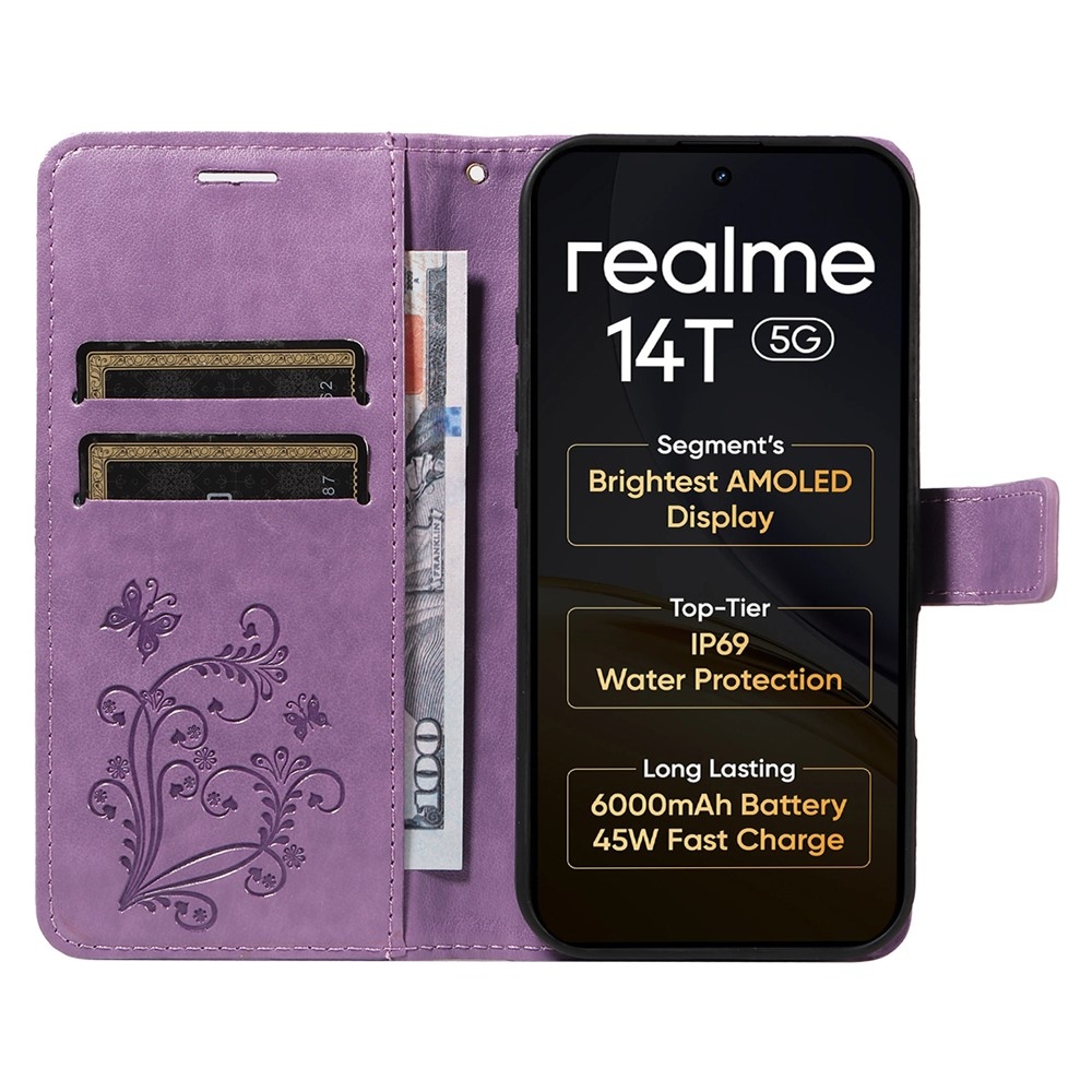 Nagy pillangó könyvtáska a Realme 14 5G/14T 5G számára - lila