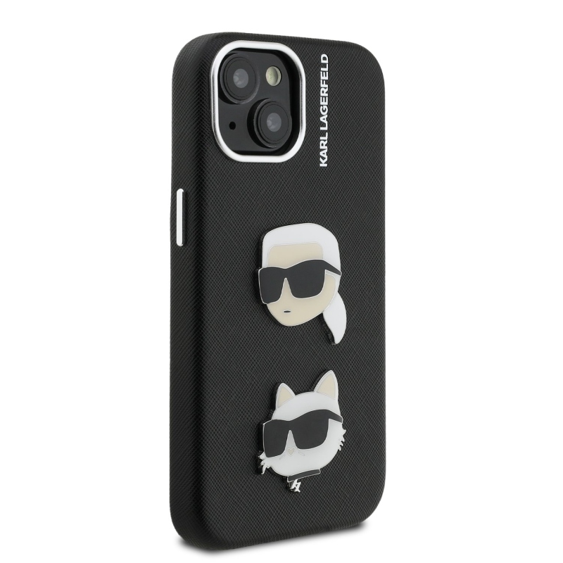 Karl Lagerfeld szemcsés PU K&CH Heads hátlap iPhone 15-hez Fekete