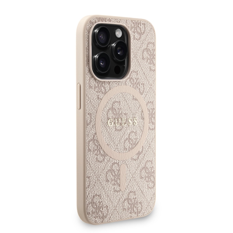 Guess PU bőr 4G színes gyűrűs pánt MagSafe hátsó borító iPhone 15 Pro rózsaszínhez