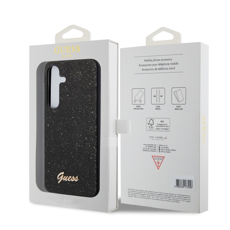 Guess PC/TPU Glitter Flakes fém logó hátlap Samsung Galaxy S24 fekete