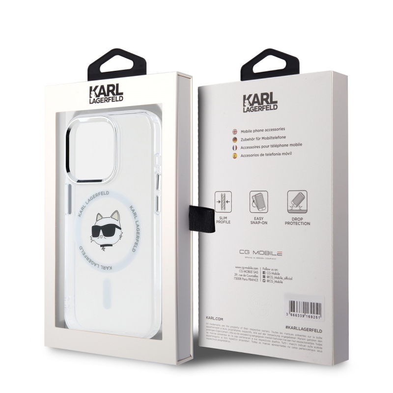 Karl Lagerfeld IML Choupette Head fémkeret MagSafe hátlapi borító iPhone 15 Pro Max-hoz Átlátszó