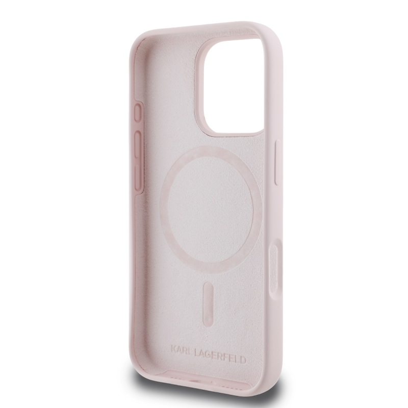 Karl Lagerfeld folyékony szilikon duplafejű MagSafe hátlap iPhone 16 Pro Max rózsaszínű iPhone 16 Pro Max készülékhez