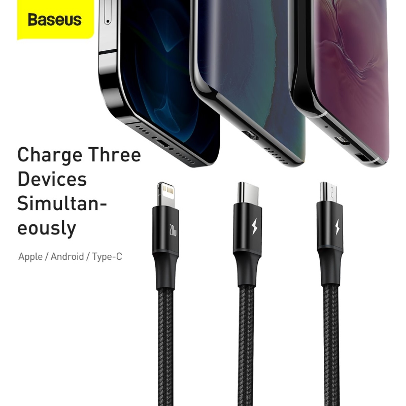 Baseus Rapid Series 3in1 gyors töltő adatkábel USB-C - USB-C/Lighting/MicroUSB 20W 1.5m Fekete