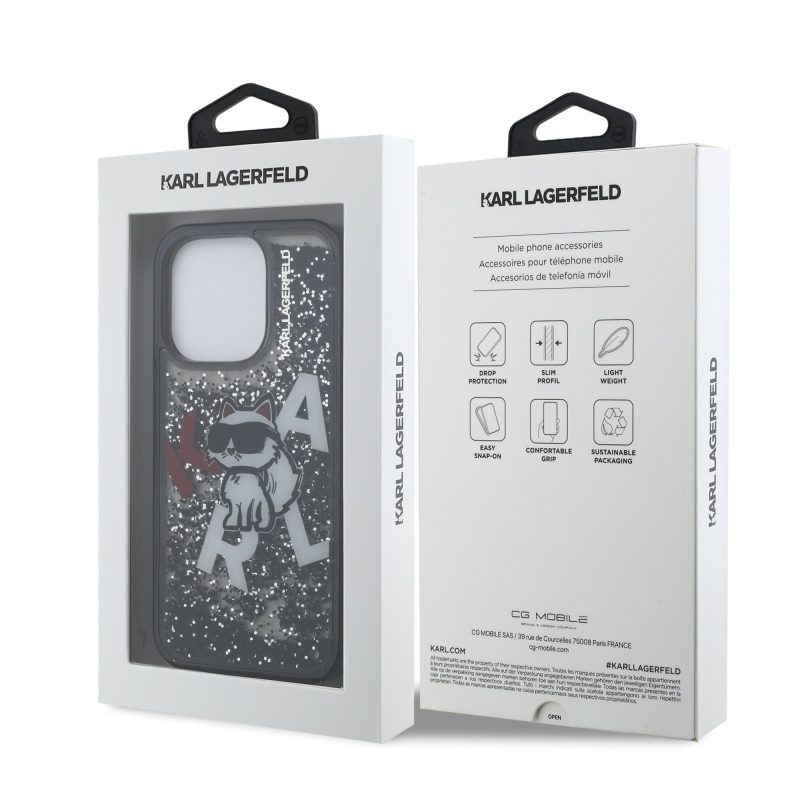Karl Lagerfeld Folyékony csillámos, szórt csillogású Choupette hátlap iPhone 16 Pro Max-hoz Fekete