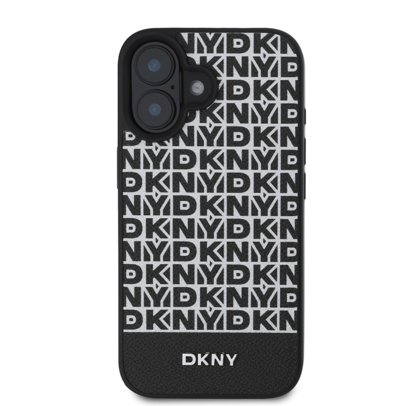 DKNY PU bőr ismétlődő mintás alsó csíkos MagSafe hátlap iPhone 16 Plus-hoz Fekete