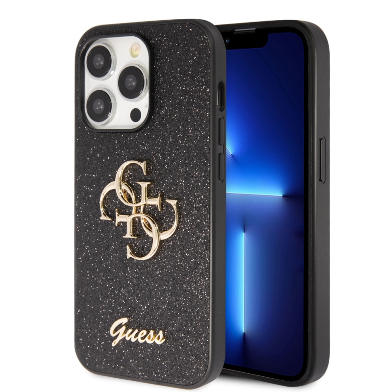Guess PU Fixed Glitter 4G fém logó hátlap iPhone 15 Pro Max-hoz fekete