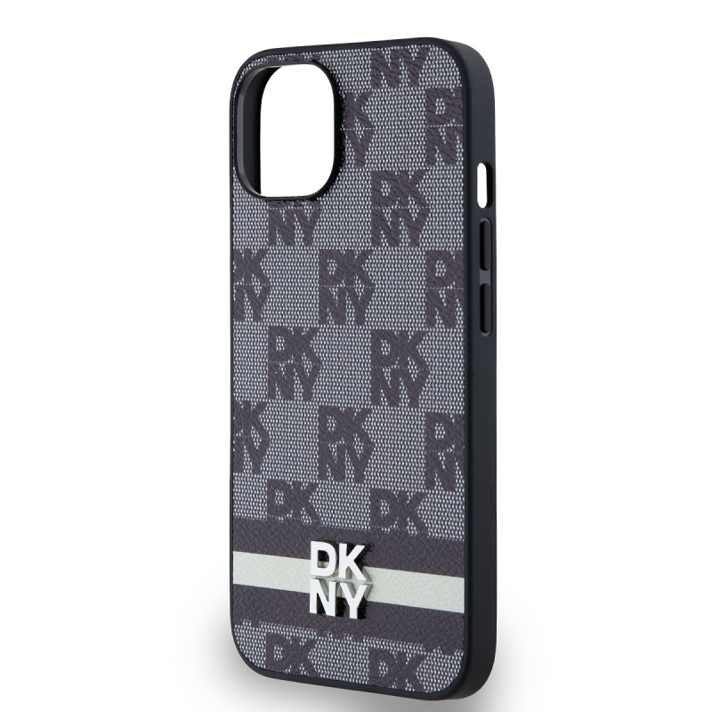 DKNY PU bőr kockás mintás és csíkos hátlapi borító iPhone 13-hoz Fekete