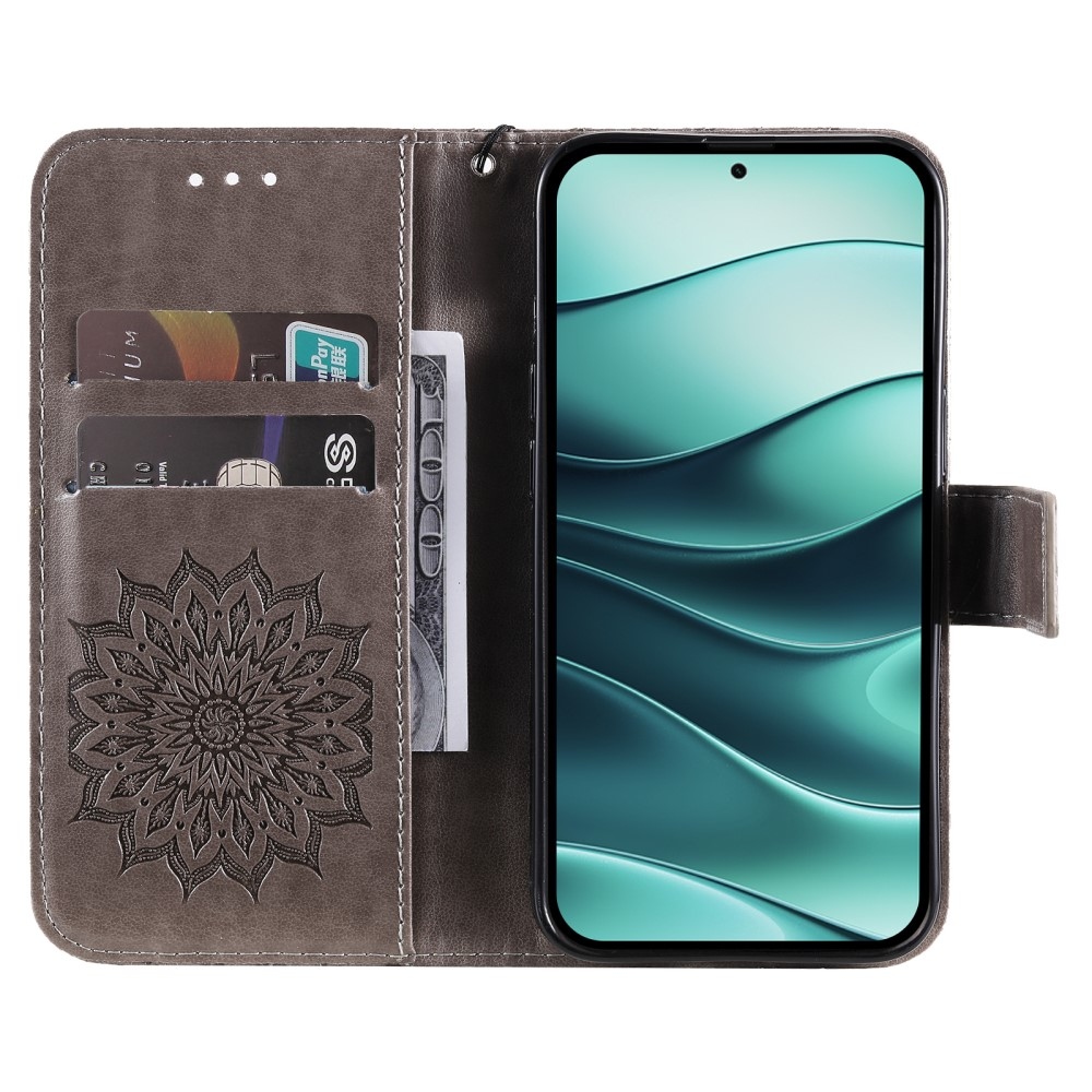 Napraforgó könyv tok a Xiaomi Redmi Note 14 5G-hez - szürke