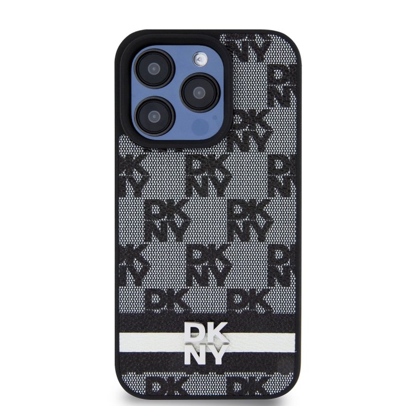 DKNY PU bőr kockás mintás és csíkos hátlapi borító iPhone 13 Pro Max-hoz Fekete