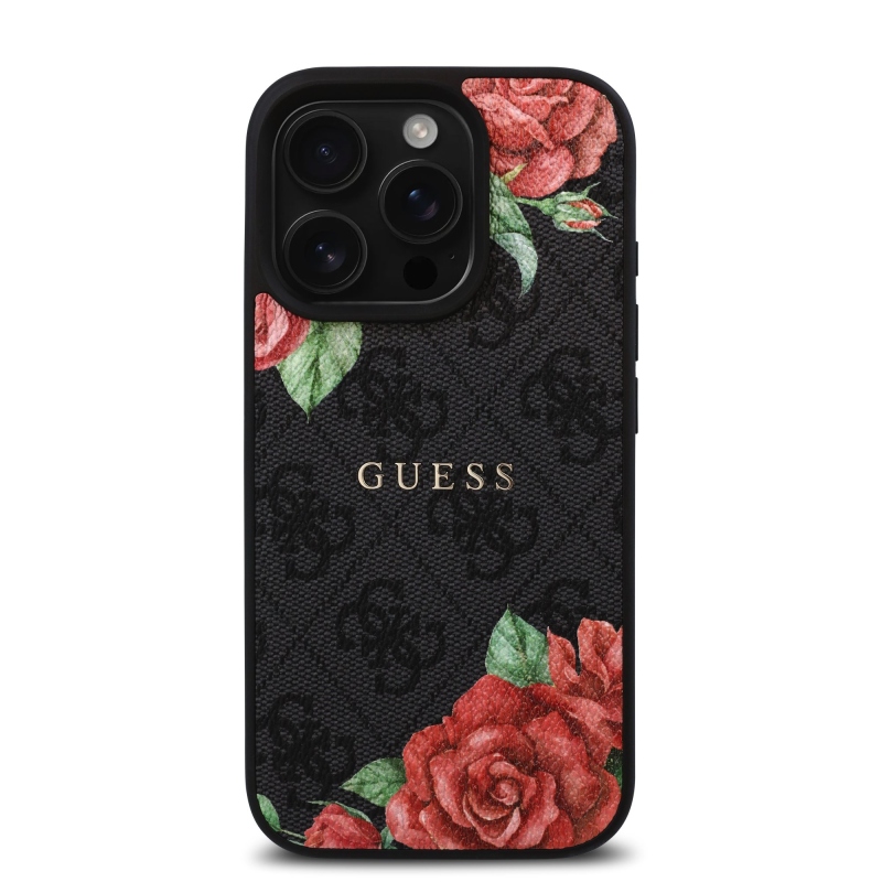 Guess PU bőr 4G rózsák MagSafe hátlap iPhone 16 Pro Fekete