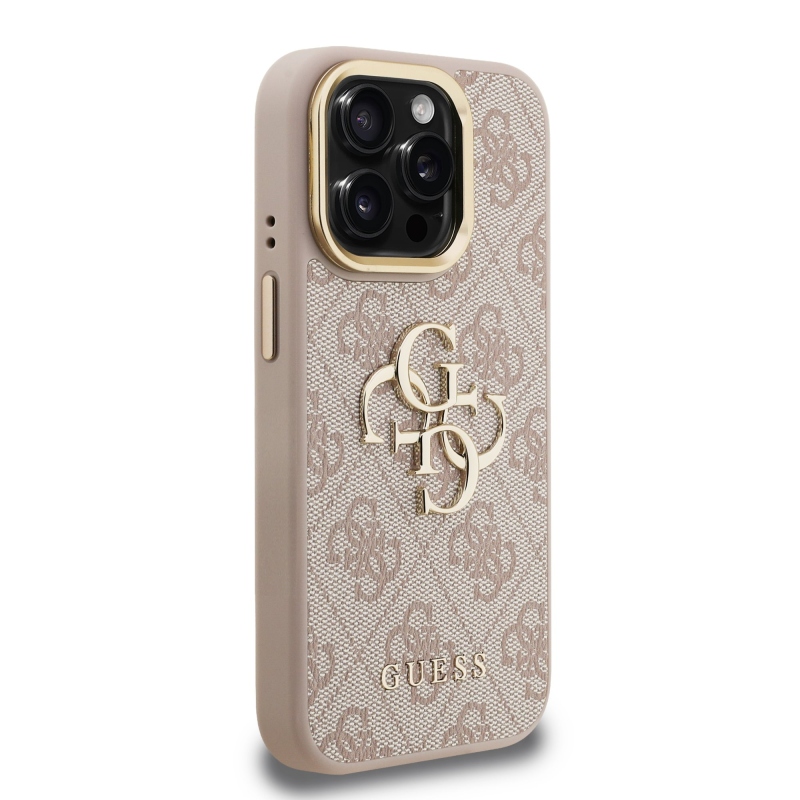 Guess PU 4G fém logó állvány kamera keret hátlapja iPhone 15 Pro rózsaszínhez