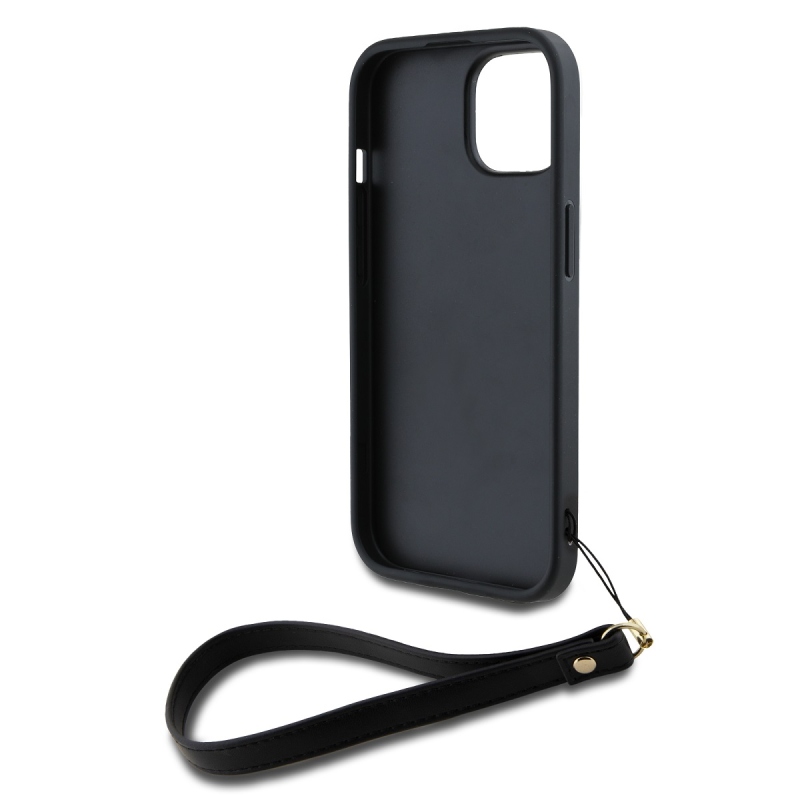 DKNY PU bőr Stack Logo csuklópánt hátlapi borító iPhone 15 Fekete