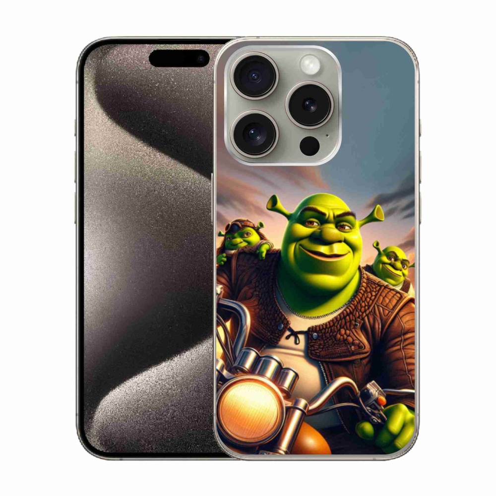 Zselés borítás mmCase iPhone 15 Pro készülékhez - Shrek egy motorkerékpáron