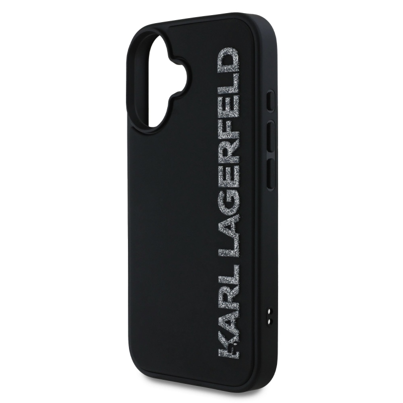 Karl Lagerfeld 3D gumiból készült csillogó logós hátlap iPhone 16-hoz Fekete