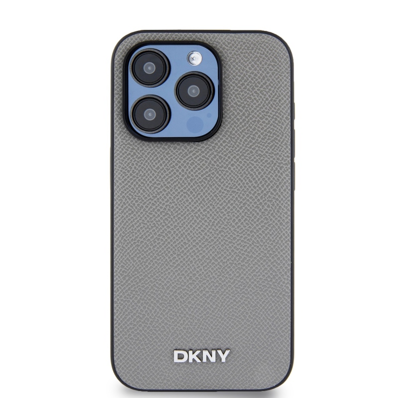 DKNY PU bőr ezüst fém logó Magsafe hátlap iPhone 14 Pro Max szürke szürkéhez