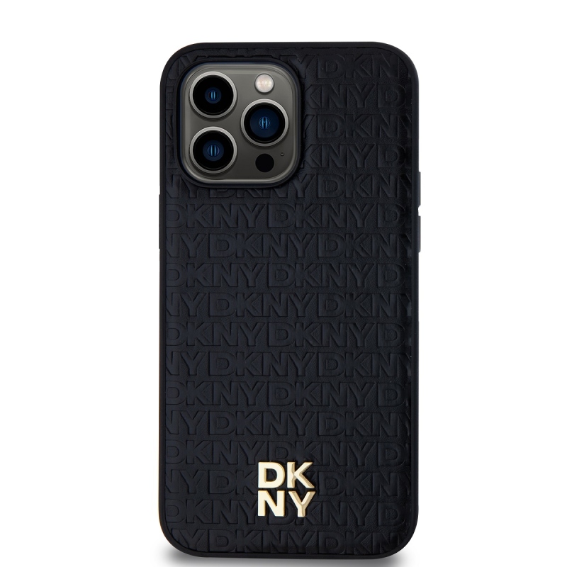 DKNY PU bőr Ismétlődő mintás Stack Logo Magsafe hátlap iPhone 13 Pro Max-hoz Fekete