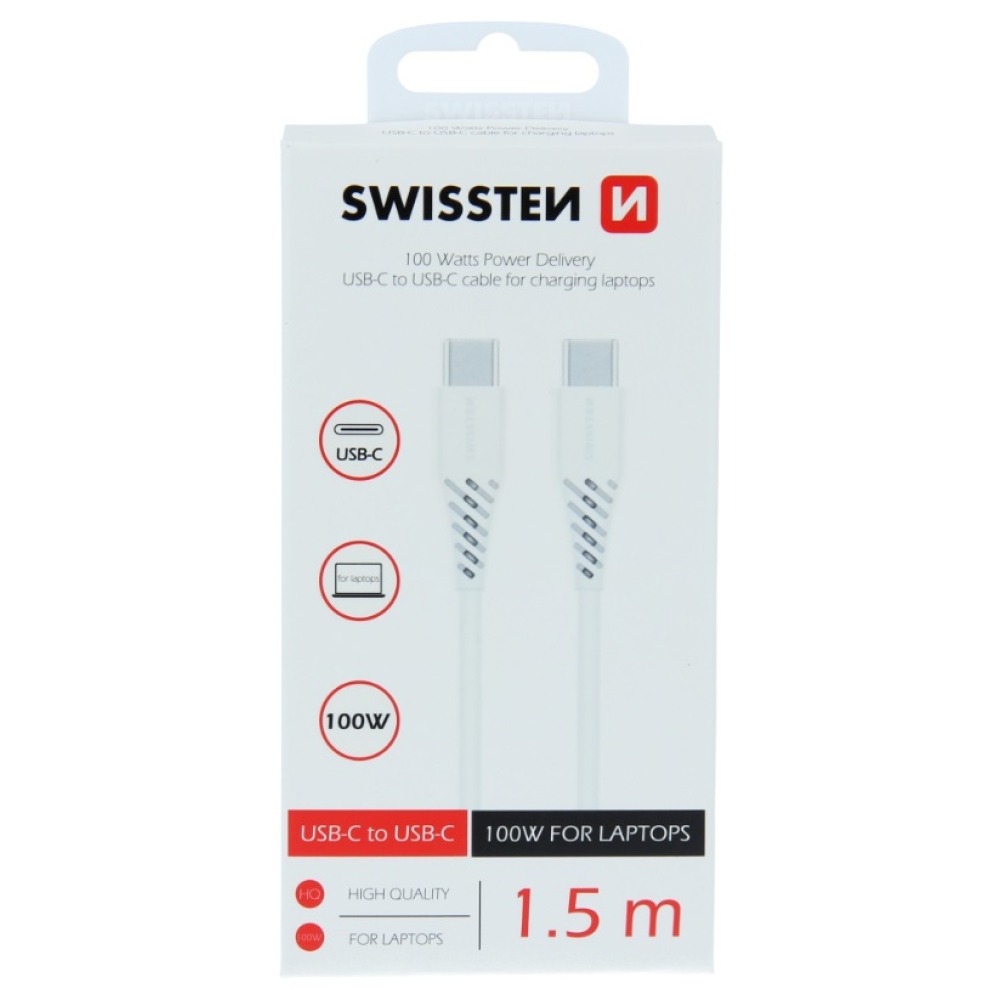 Swissten adat/töltő kábel TPE USB-C/USB-C 5A 100W 1.5m - Fehér