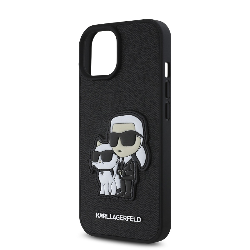 Karl Lagerfeld PU Saffiano Karl és Choupette hátlap iPhone 15-hez Fekete