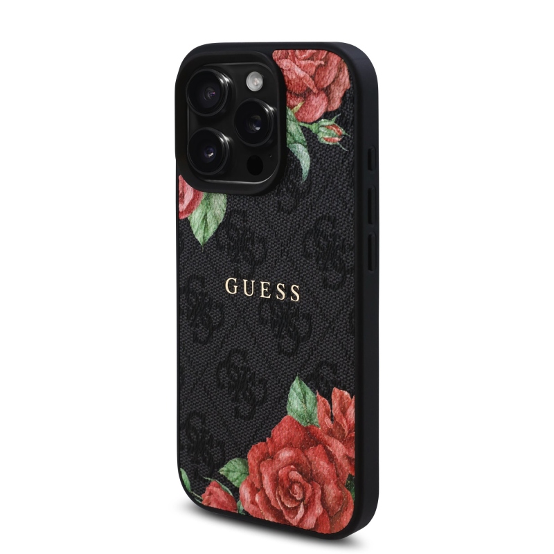 Guess PU bőr 4G rózsák MagSafe hátlap iPhone 16 Pro Fekete