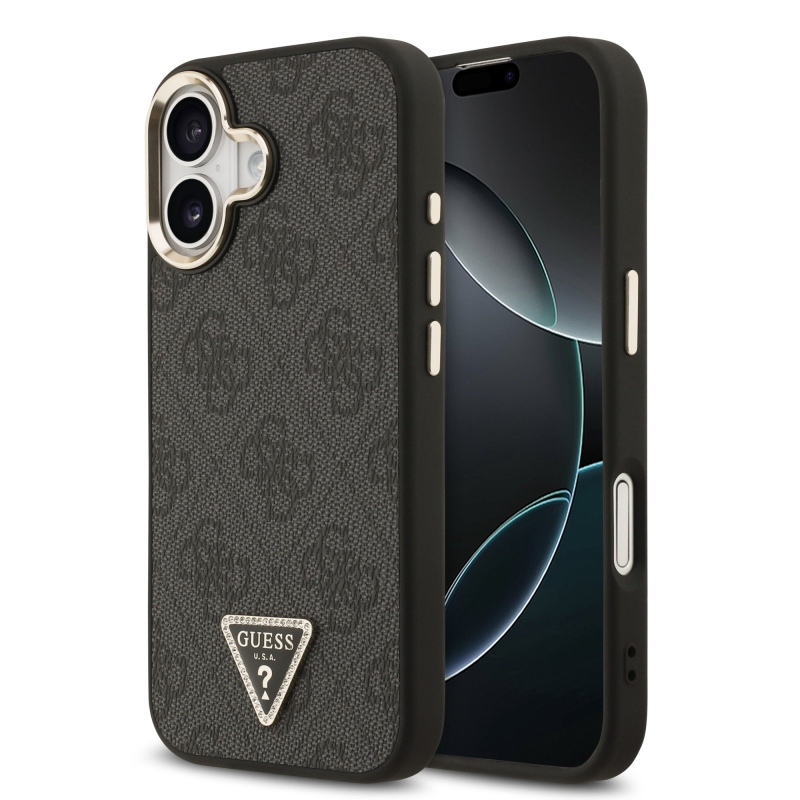 Guess PU bőr 4G háromszög logó arany keret MagSafe hátlap iPhone 17 Fekete fekete