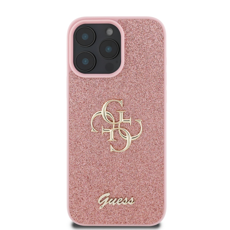 Guess PU Fixed Glitter 4G fém logós hátlap iPhone 16 Pro rózsaszínhez