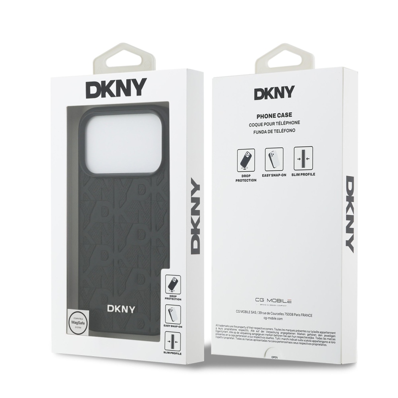 DKNY PU bőr rácsmintás Magsafe hátlap iPhone 17 Pro fekete színűre