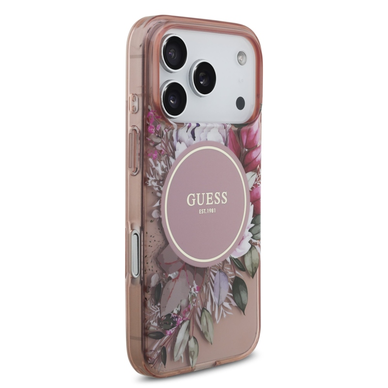 Guess IML Flowers Strap MagSafe hátlapi borító iPhone 17 Pro rózsaszínhez