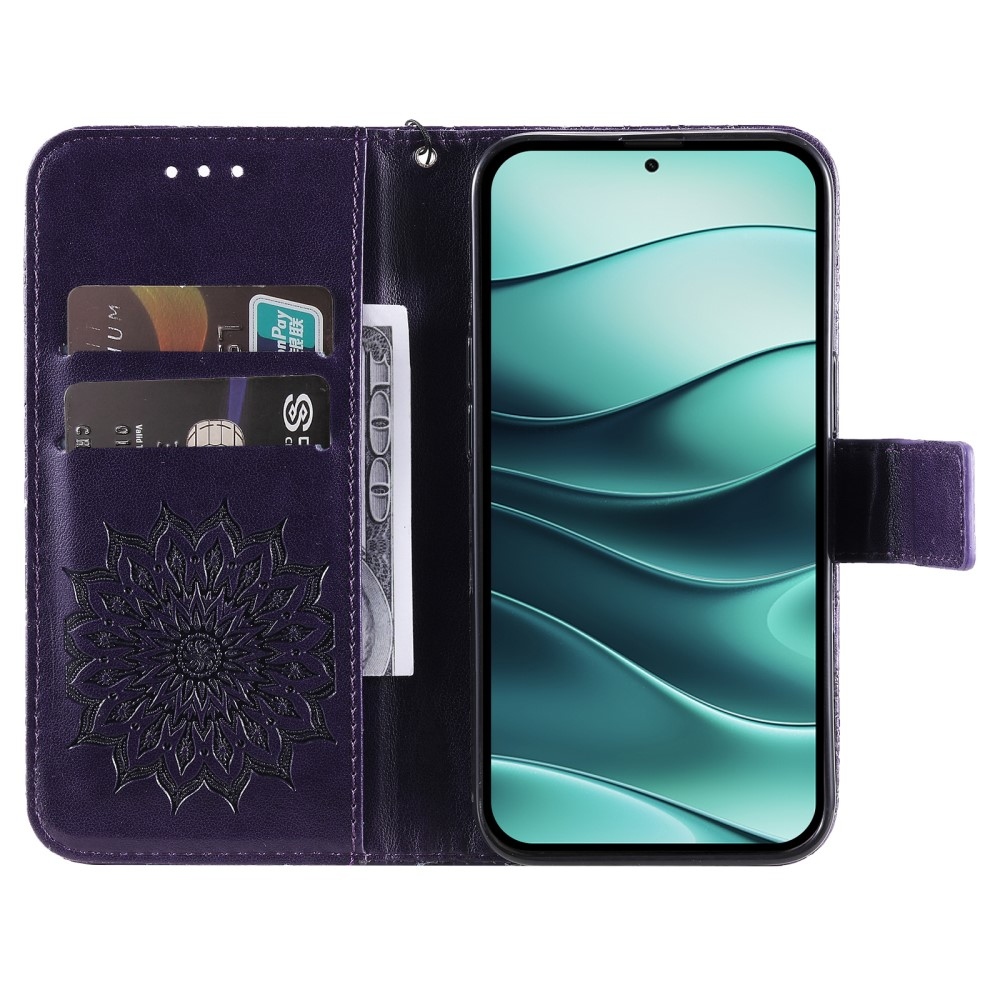Napraforgó könyv tok Xiaomi Redmi Note 14 5G - sötét lila