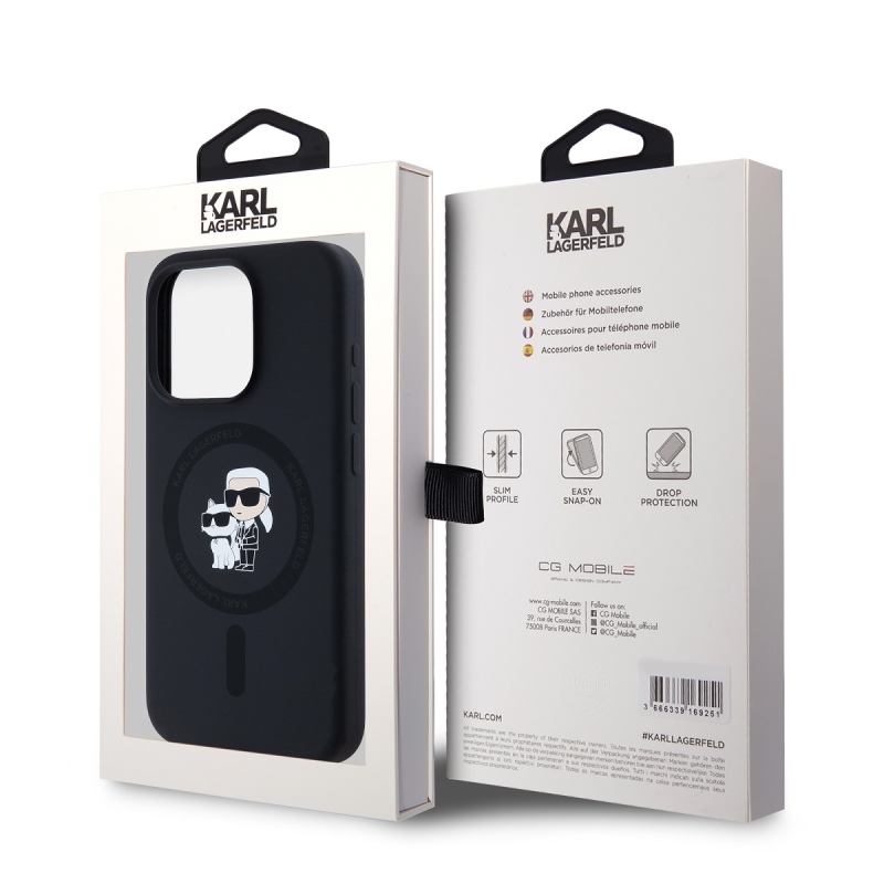 Karl Lagerfeld folyékony szilikon Karl és Choupette Magsafe hátlap iPhone 15 Pro fekete színűre