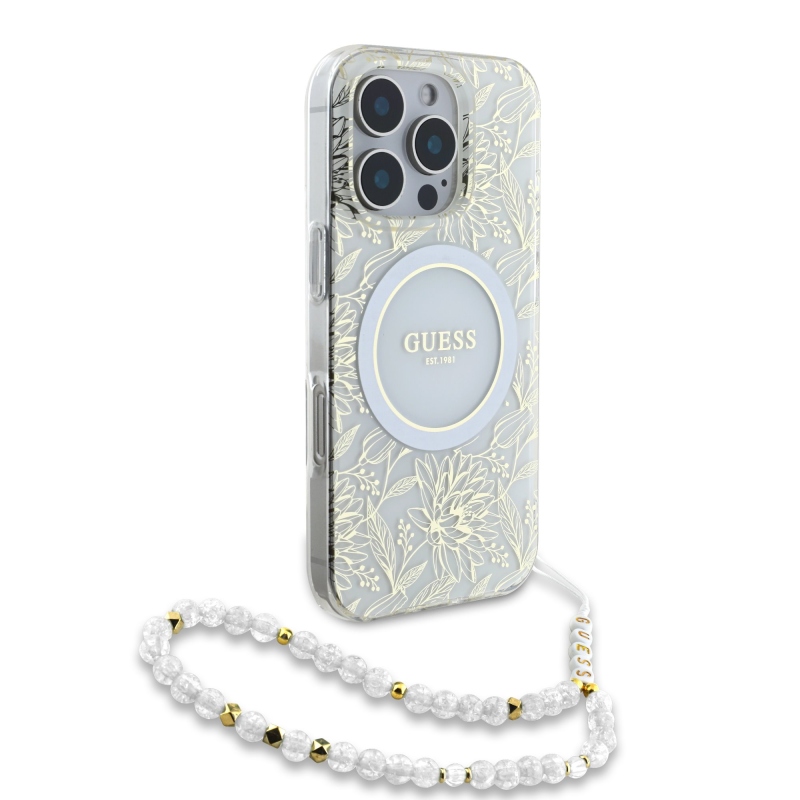 Guess IML Virágok Allover Strap MagSafe hátlapi borító iPhone 16 Pro Max fehérhez