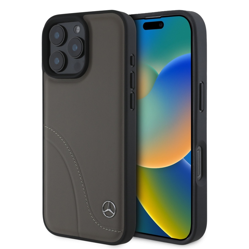 Mercedes ívelt öltések bőr hátlap iPhone 16 Pro barna színű borítóhoz