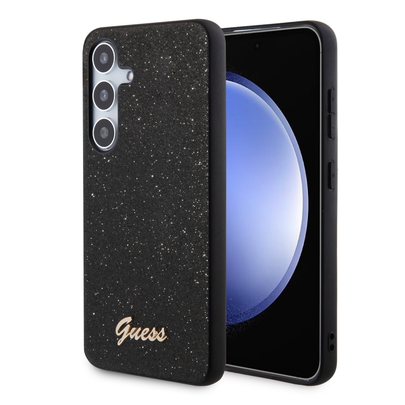 Guess PC/TPU Glitter Flakes fém logó hátlap Samsung Galaxy S24 fekete