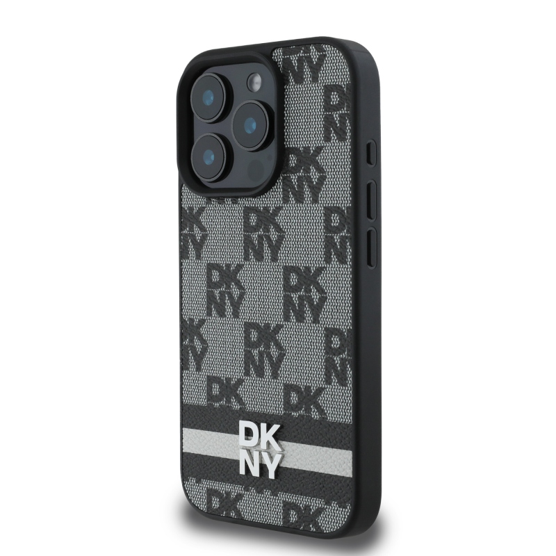DKNY PU bőrből készült kockás mintás és csíkos hátlapi borító iPhone 16 Pro Max-hoz Fekete