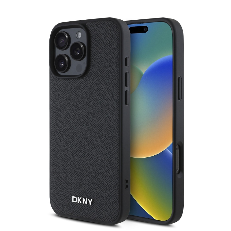 DKNY PU bőr ezüst fém logó Magsafe hátlap iPhone 16 Pro Fekete