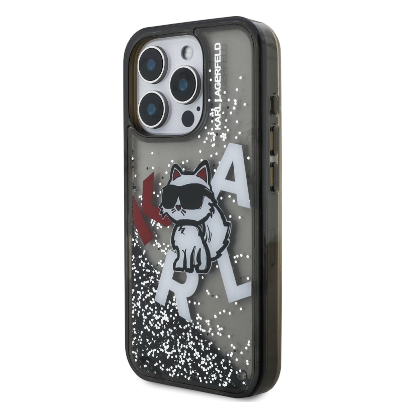 Karl Lagerfeld Folyékony csillámos, szórt csillogású Choupette hátlap iPhone 16 Pro Max-hoz Fekete